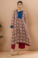 long zen yoke modal silk ajrakh kurta with pockets - madder skies & mughal elegance