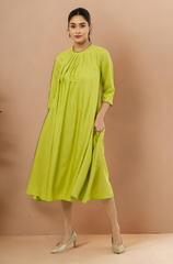 crew neck silk pleated dress - glinting lime & silk radiance