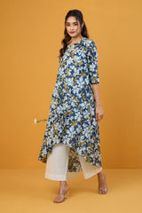 Blue Iris White Blooms Asymmetrical Waterfall Kurta