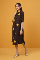 Golden Cocoa Dots Applique Side Bias Shift Dress
