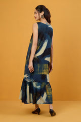 Luminous Indigo Sleeveless Long Ruffle Dress