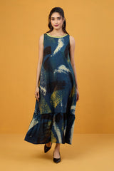 Luminous Indigo Sleeveless Long Ruffle Dress