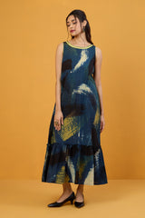 Luminous Indigo Sleeveless Long Ruffle Dress