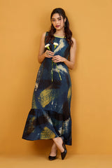 Luminous Indigo Sleeveless Long Ruffle Dress