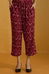 comfort fit ankle length narrow pants - maroon beige ikat