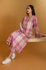 Co-ord Set Fuchsia Plaid Dream Modern Long Tunic Kurta & Pants