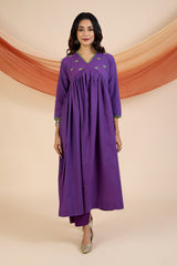 Co-ord Set Vivid Violet & Lime V-Neck Gather Anarkali (Set of 2)