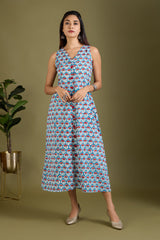 Azure Scarlet Buds V-neck Button Down Dress