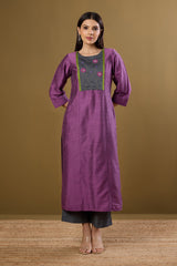 Blossoms in Dustlight Long Luxe Silk Slub Kurta with Yoke & Slit
