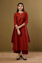 Copper Ember Silk Slub Long Kurta With Side Twist