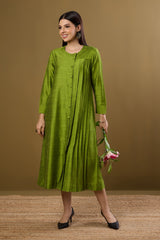 Forest Spice Silk Slub One Side Pleated Button Down Dress
