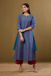 Afterglow in Indigo Silk Slub Long Kurta With Side Twist