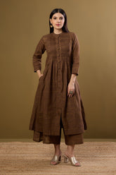Bronze Gridsong Checkered Pleated Pintuck Button Down Dress