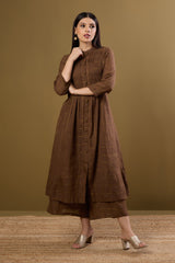 Bronze Gridsong Checkered Pleated Pintuck Button Down Dress