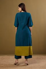 Firelight Blue & Gold Silk Slub Long Panelled Kurta with Slit