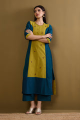 Firelight Blue & Gold Silk Slub Long Panelled Kurta with Slit