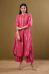 Co-ord Set Petal Pink & Moonbeam Silver Stand Collar Kurta with Round Hemline