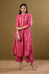 Co-ord Set Petal Pink & Moonbeam Silver Stand Collar Kurta with Round Hemline