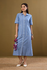 Boarding Blues Midi Dress with Statement Pocket
