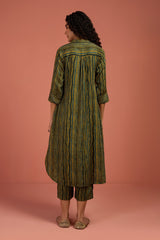Co-ord Set Pine Grove & Turmeric Tint Stand Collar Kurta with Round Hemline