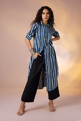 Geometry in Blue Long Shirt Dress