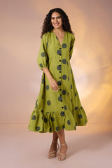Midnight Green Cotton Midi Dress with Polka & Ruffle Border