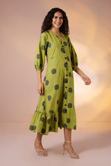 Midnight Green Cotton Midi Dress with Polka & Ruffle Border