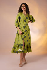 Midnight Green Cotton Midi Dress with Polka & Ruffle Border