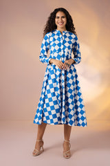 Azure Prism Cotton Flared Panel Midi Dress
