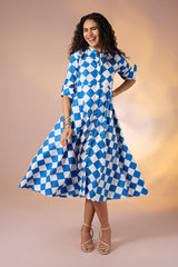 Azure Prism Cotton Flared Panel Midi Dress