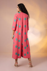 Coral Polka Front Zipper Cotton Jumpsuit with Pockets & Sleeves