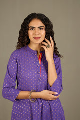Gilded Violet Stand Collar Kurta with Round Hemline