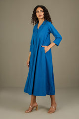 Azure Serenade Cotton Jumpsuit with Pockets & Collar