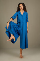 Azure Serenade Cotton Jumpsuit with Pockets & Collar