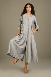 Gleaming Silver Silk Slub Jumpsuit with Pockets & Collar