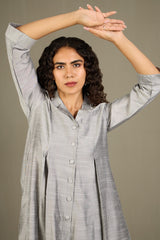 Gleaming Silver Silk Slub Jumpsuit with Pockets & Collar