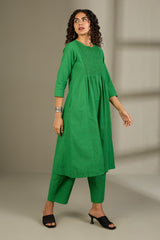 Co-ord Set Verdant Plumage Smocked Yoke Kurta & Pants