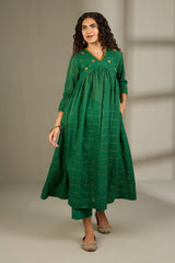 Emerald Checks & Gold V-Neck Gather Anarkali