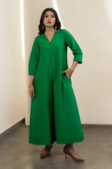 Leafsong Green Silk Slub Front Zipper Jumpsuit with Pockets & Sleeves