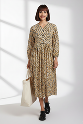 deep neck bust gather dress - tuscan yellow & black chevron