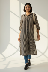 Earthy Noir Streak Long Shirt Dress