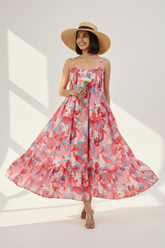 Blush Blue Pastel Roses Long Ruffle Strap Dress