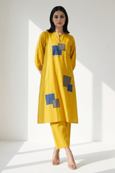 long yoke kurta with patch pocket - Golden Twilight & Azure Slate Checks
