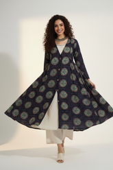 deep v-neck button down jacket with gathers - verdant noir & vintage charisma