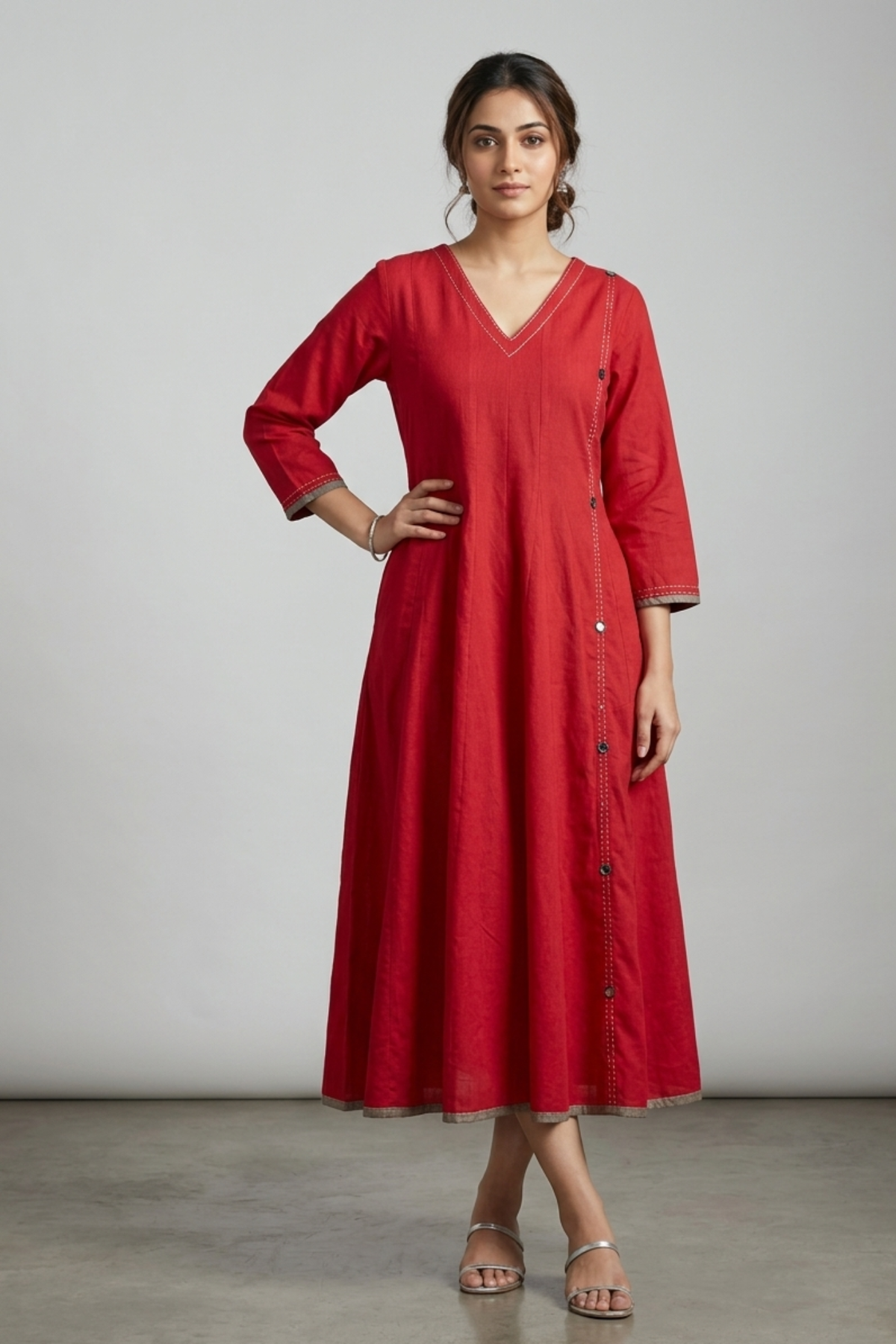 Cayenne Red Essence Cotton Long Maxi Dress With Sleeves