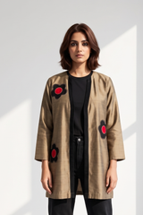 Dusky Gold Red Buttercup Applique Luxe Silk Slub Short Jacket