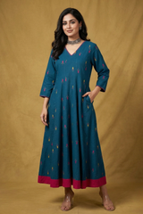 Blueberry Bloom Motifs Long Maxi Dress With Sleeves