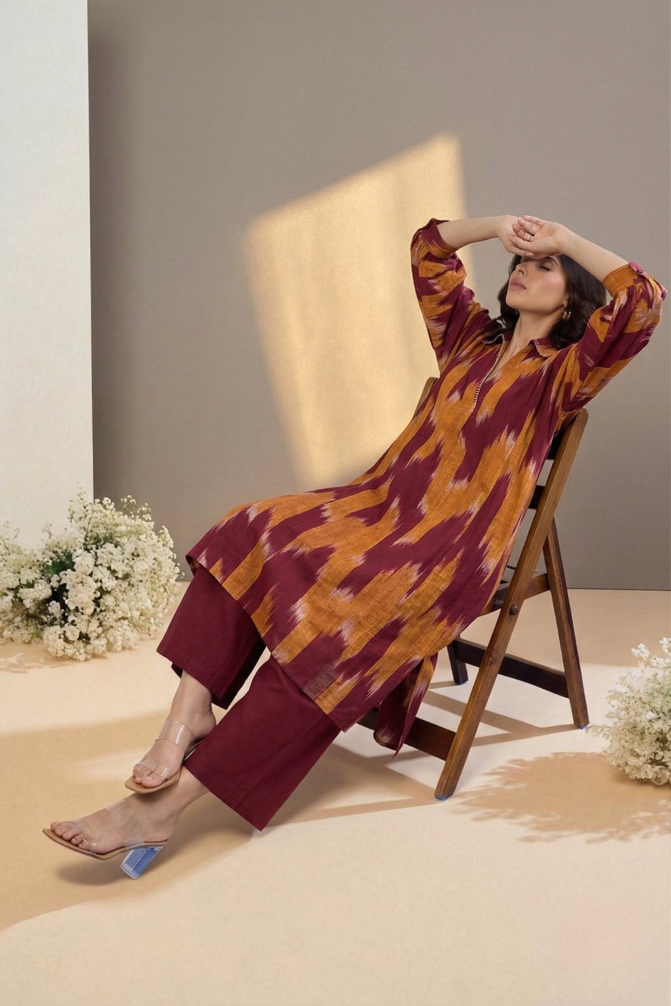 Burnt Sienna Gold Ikat Cotton Collar Box Pleat Kurta