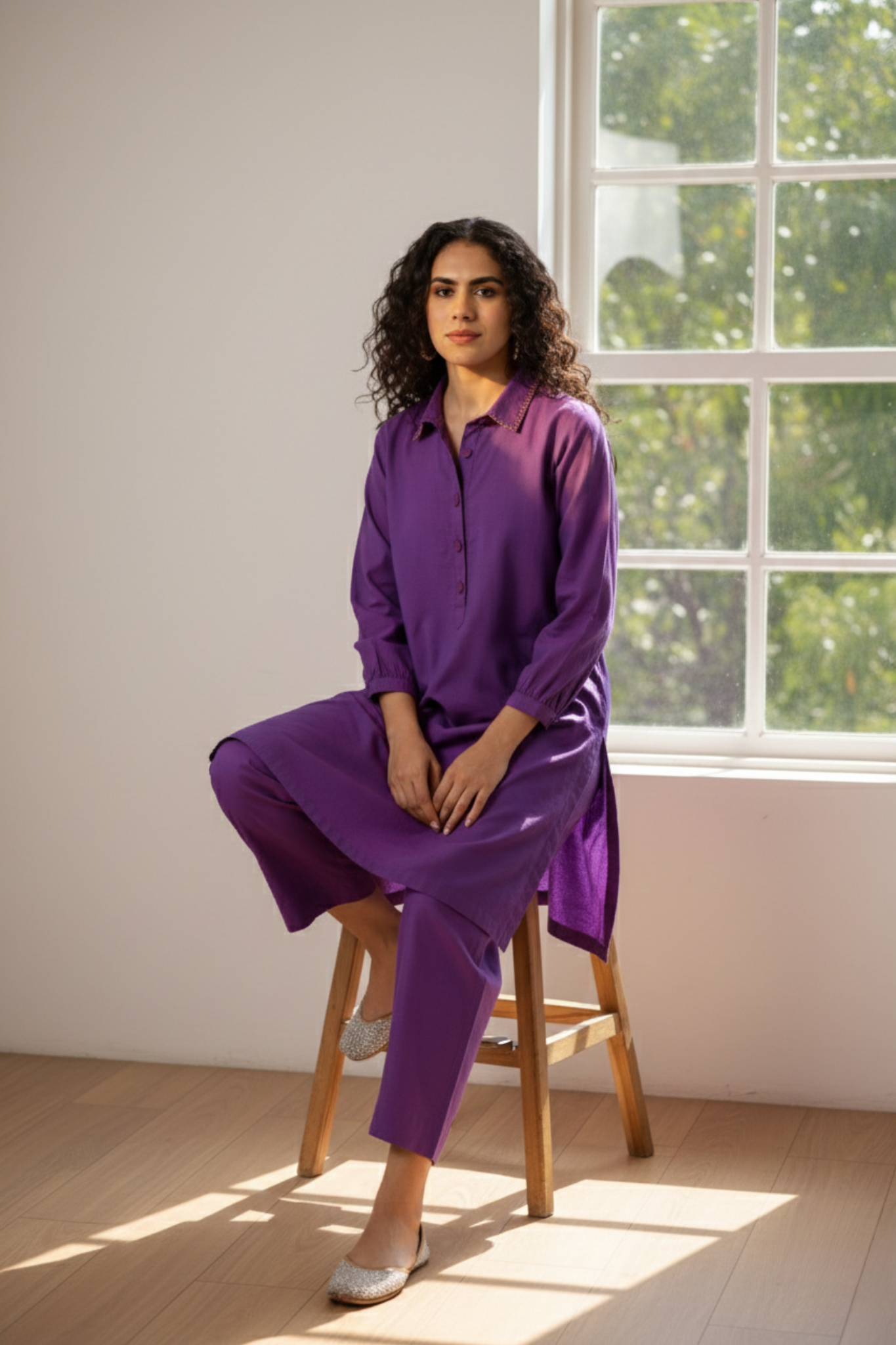 Co-ord Set Amethyst Hue Cotton Collar Kurta & Pants