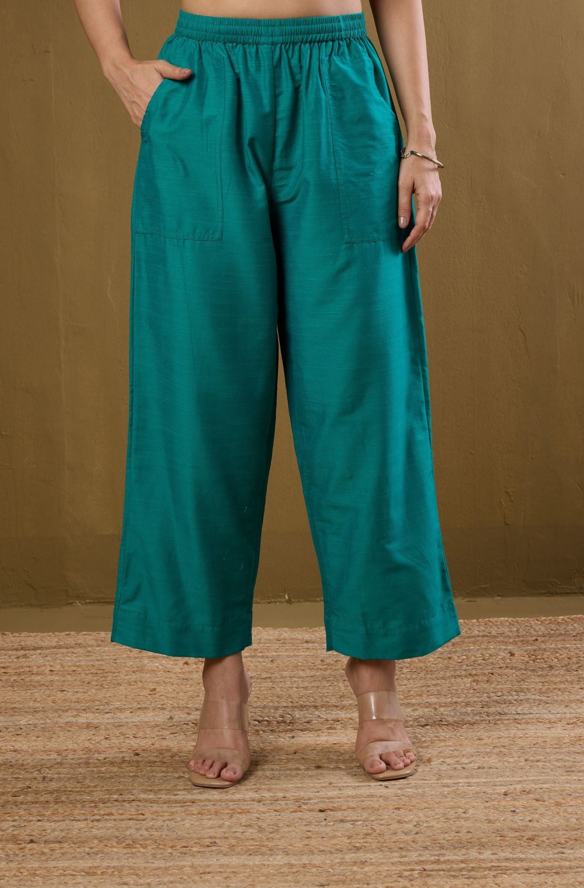 Comfort fit pants - Rama Green Silk slub
